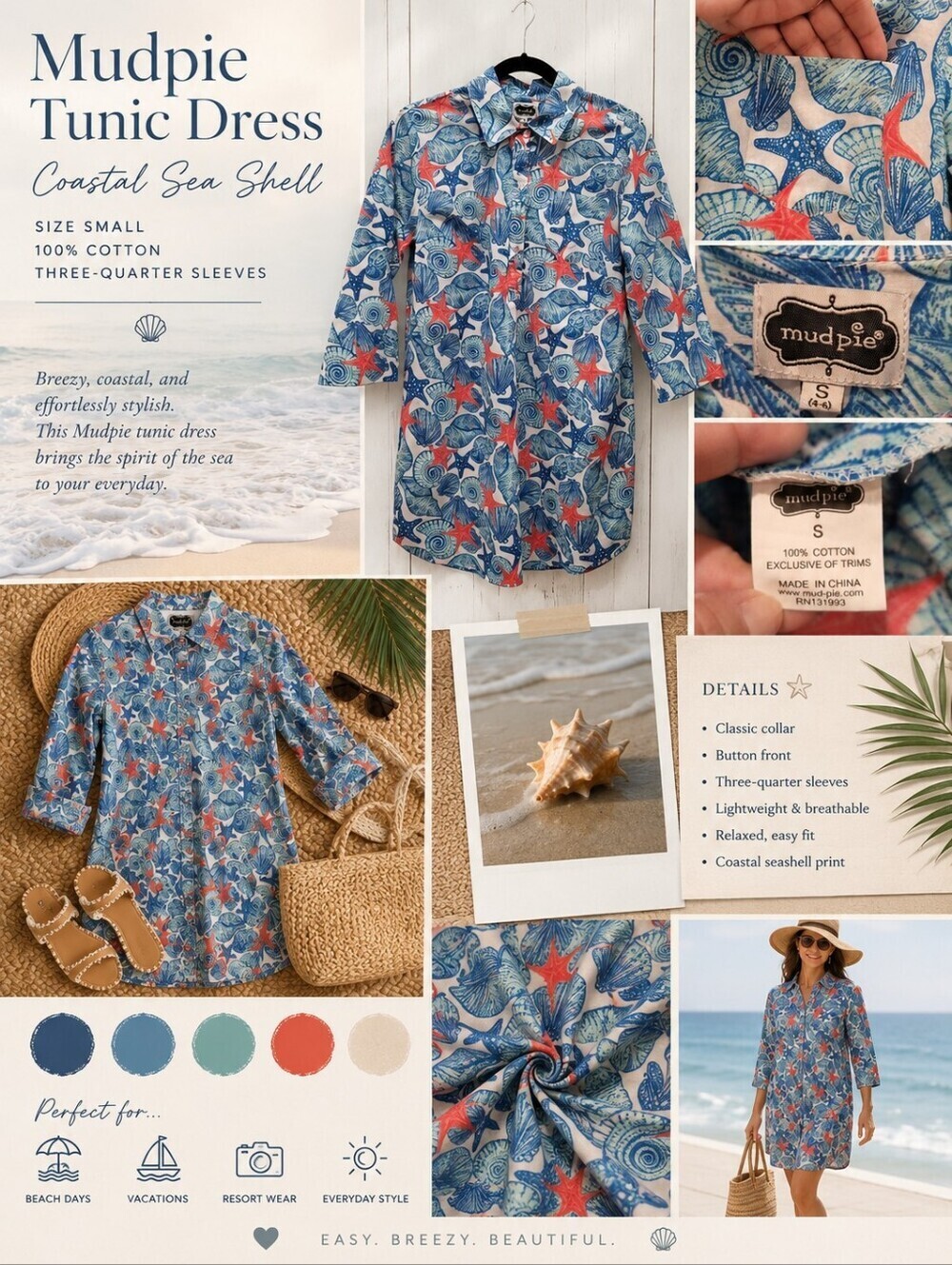Sz Small Mudpie Tunic Dress 100% Cotton Three-Quarter Sleeves Coastal Sea Shell